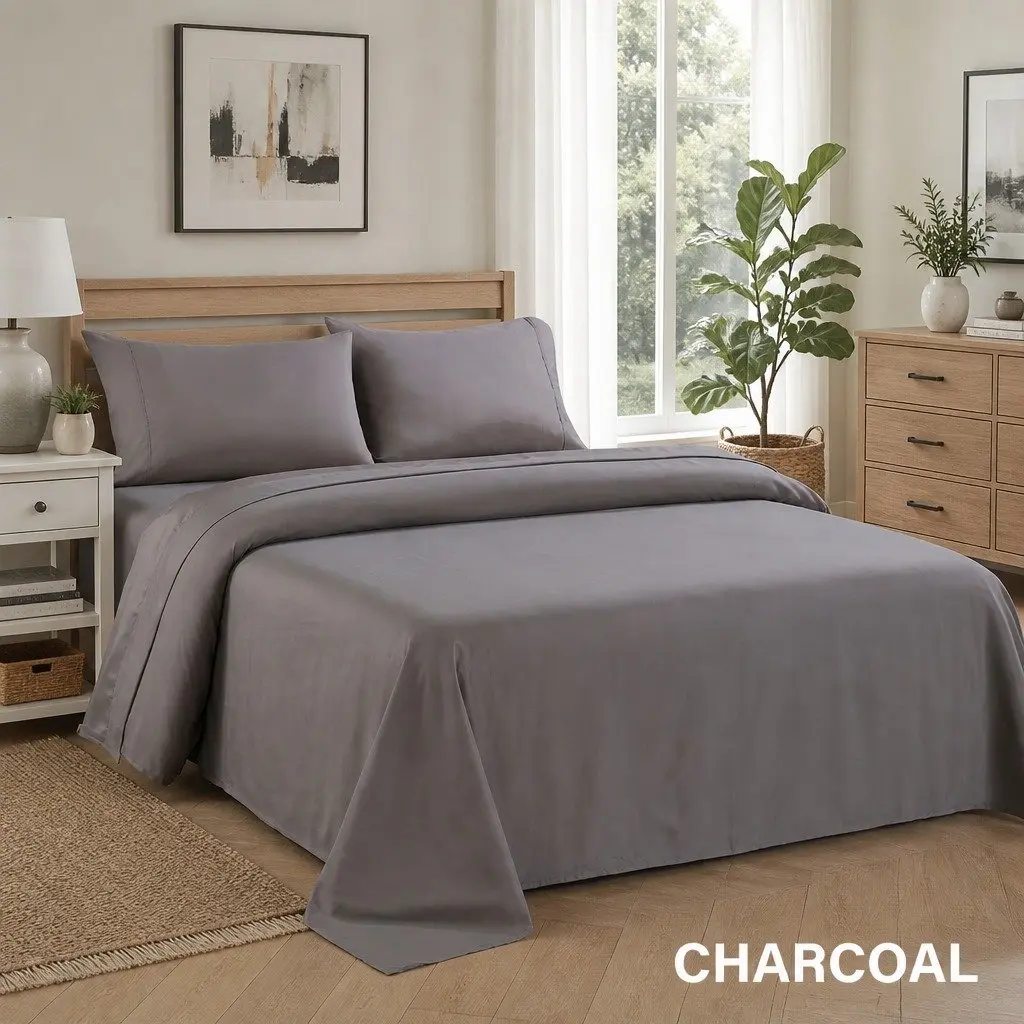 4 Piece Sheet Set Double Bed 1200TC Ultrasoft Satin Weave Flat Fitted White Charcoal Sky Blue Silver Light Grey Sage Green Soft Pink