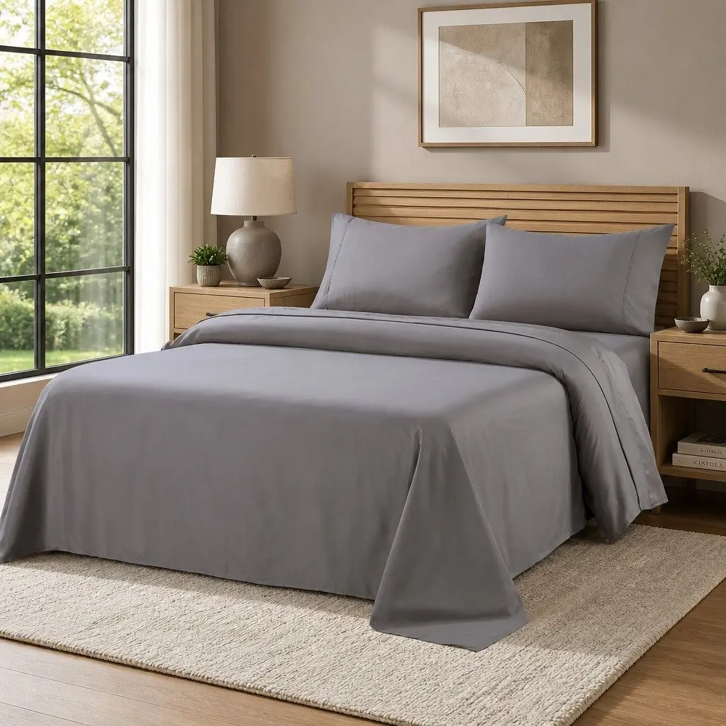 King Size Sheet Set 1200TC Satin Weave Charcoal 4 Piece Bedding Flat Fitted Pillowcases