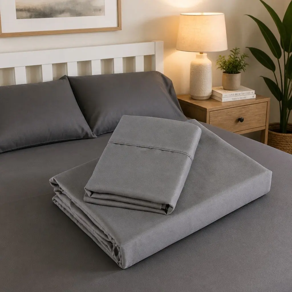 King Size Sheet Set 1200TC Satin Weave Charcoal 4 Piece Bedding Flat Fitted Pillowcases