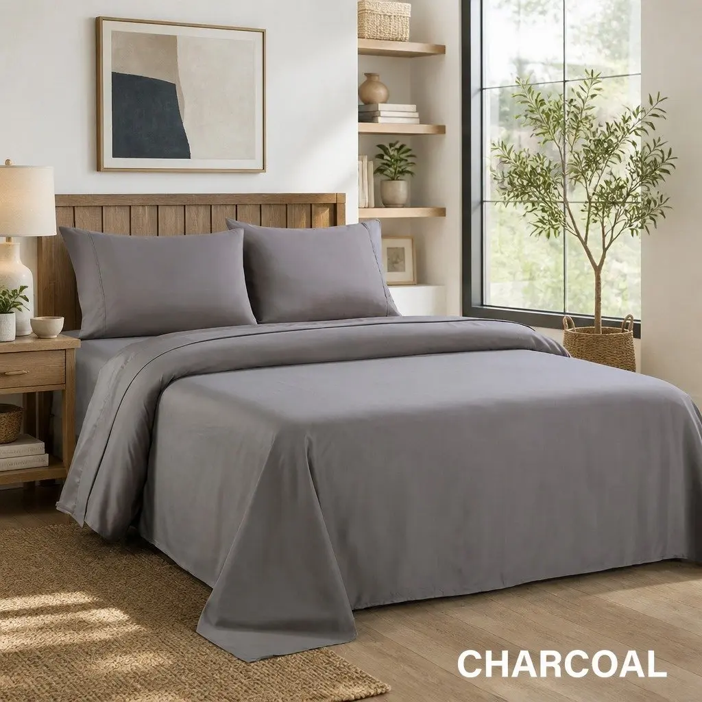 King Size Sheet Set 1200TC Satin Weave Charcoal 4 Piece Bedding Flat Fitted Pillowcases
