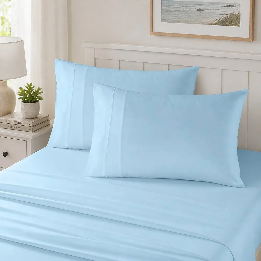 Sheet Set 1200TC Satin Weave Bedding Sky Blue 4 Piece