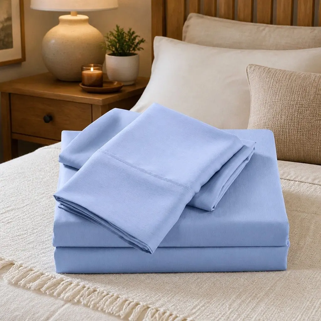 Cooling Bamboo Sheet Set King Size 2000TC Light Blue Moisture Wicking Breathable Bedding