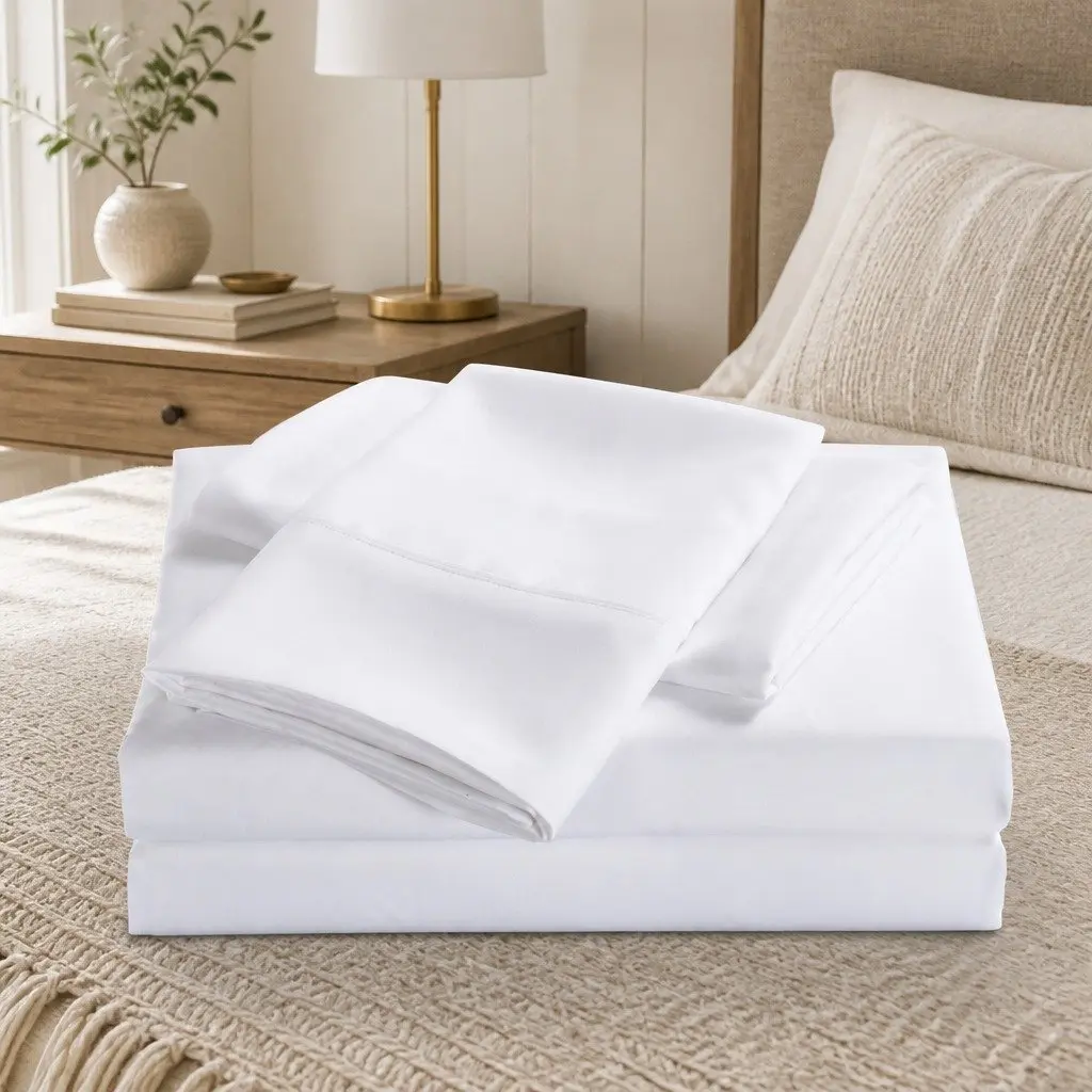 Bamboo Cooling Sheet Set 2000TC Single Bed Flat Fitted Pillowcase Bedding White