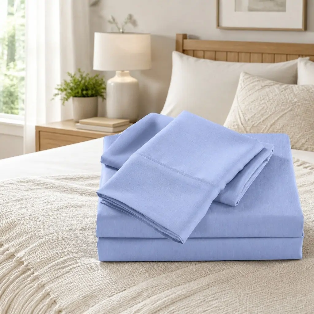 Bamboo Cooling Sheet Set 2000TC Single Bed Flat Fitted Pillowcases Light Blue