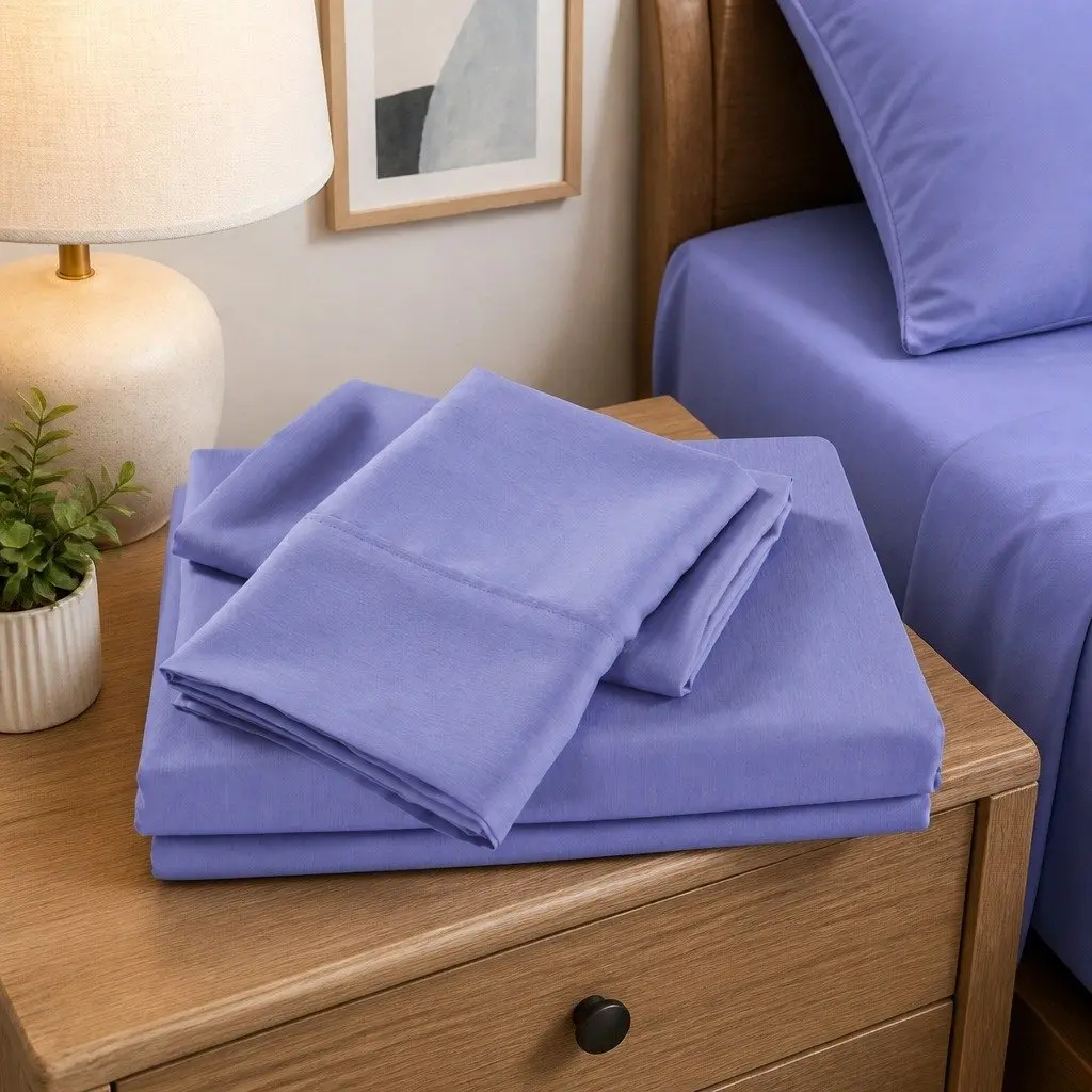 Bamboo Cooling Sheet Set 2000TC Single Bed Fitted Flat Sheets Pillowcase Mid Blue