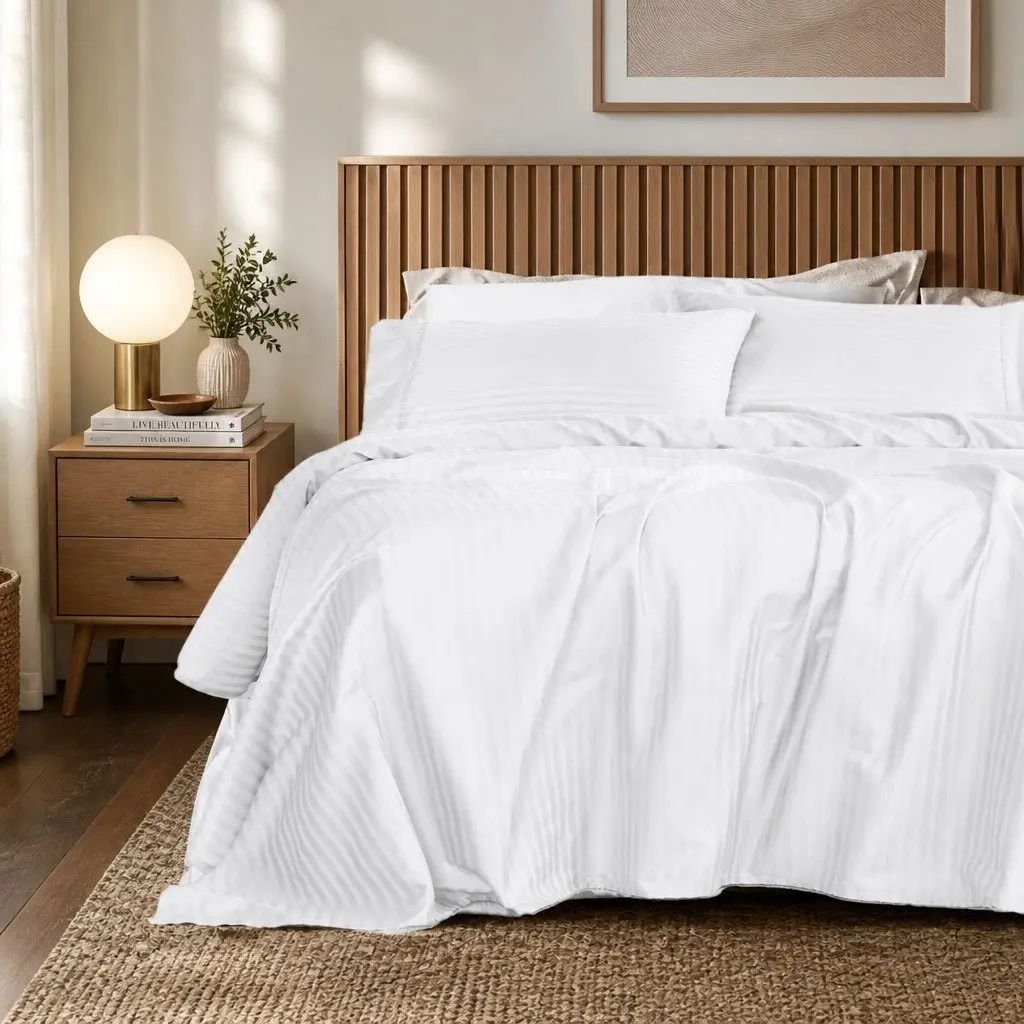 1200 Thread Count Damask Stripe Sheet Set Queen White Sateen