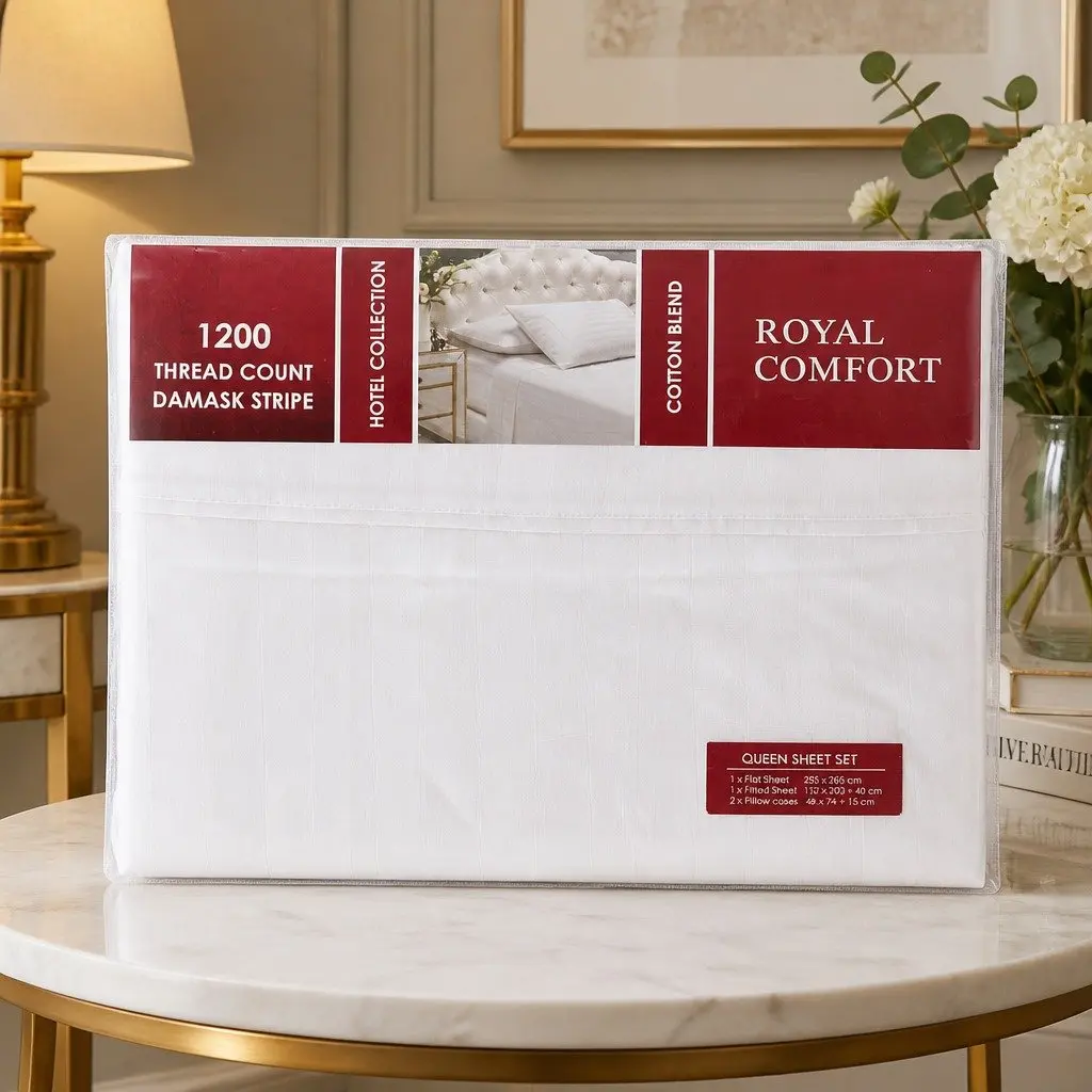 1200 Thread Count Damask Stripe Sheet Set Queen White Sateen