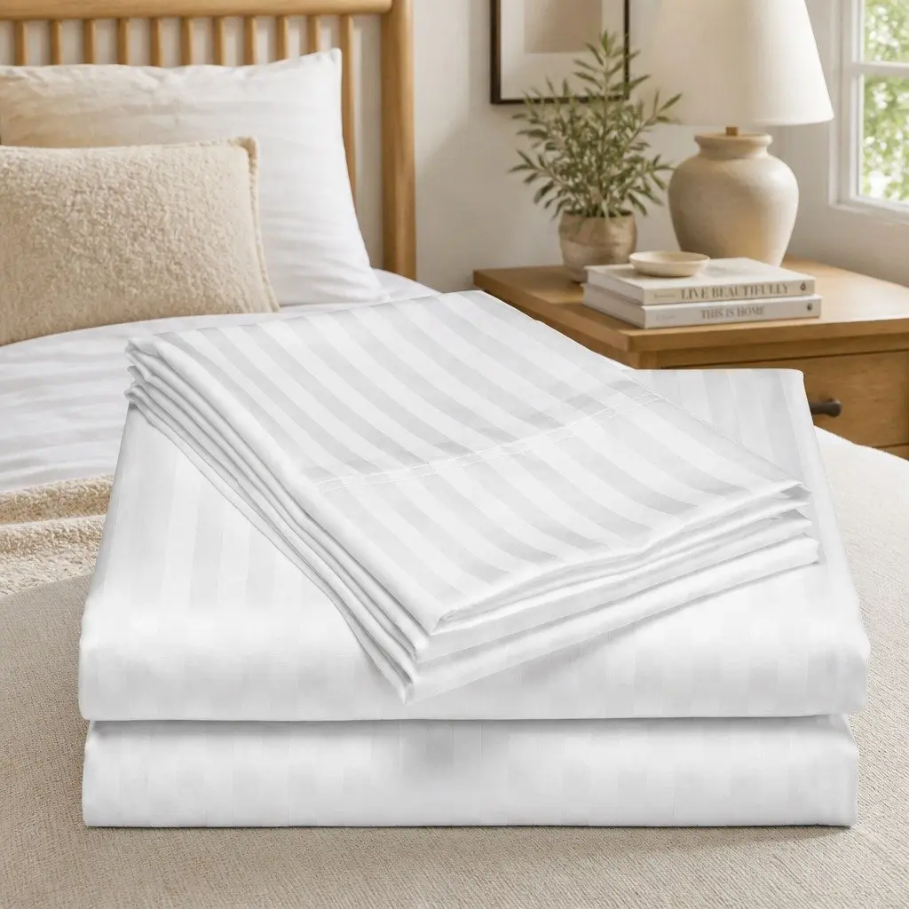 1200 Thread Count Damask Stripe Sheet Set Queen White Sateen
