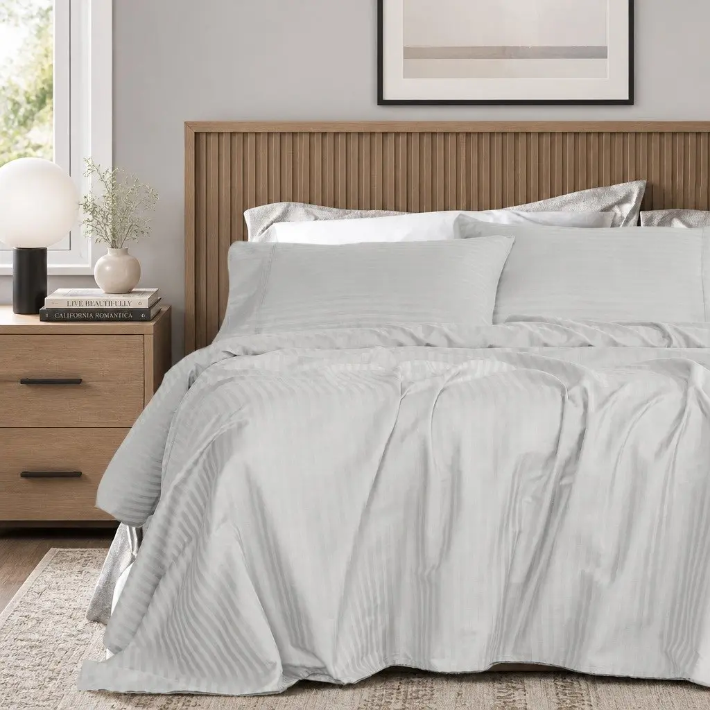 Queen Sheet Set Damask Stripe 1200 Thread Count Sateen Silver