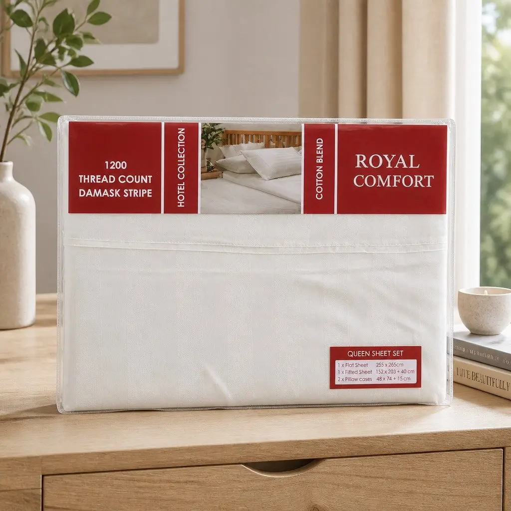 Queen Sheet Set Damask Stripe 1200 Thread Count Sateen Silver