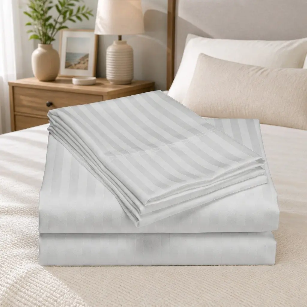 Queen Sheet Set Damask Stripe 1200 Thread Count Sateen Silver