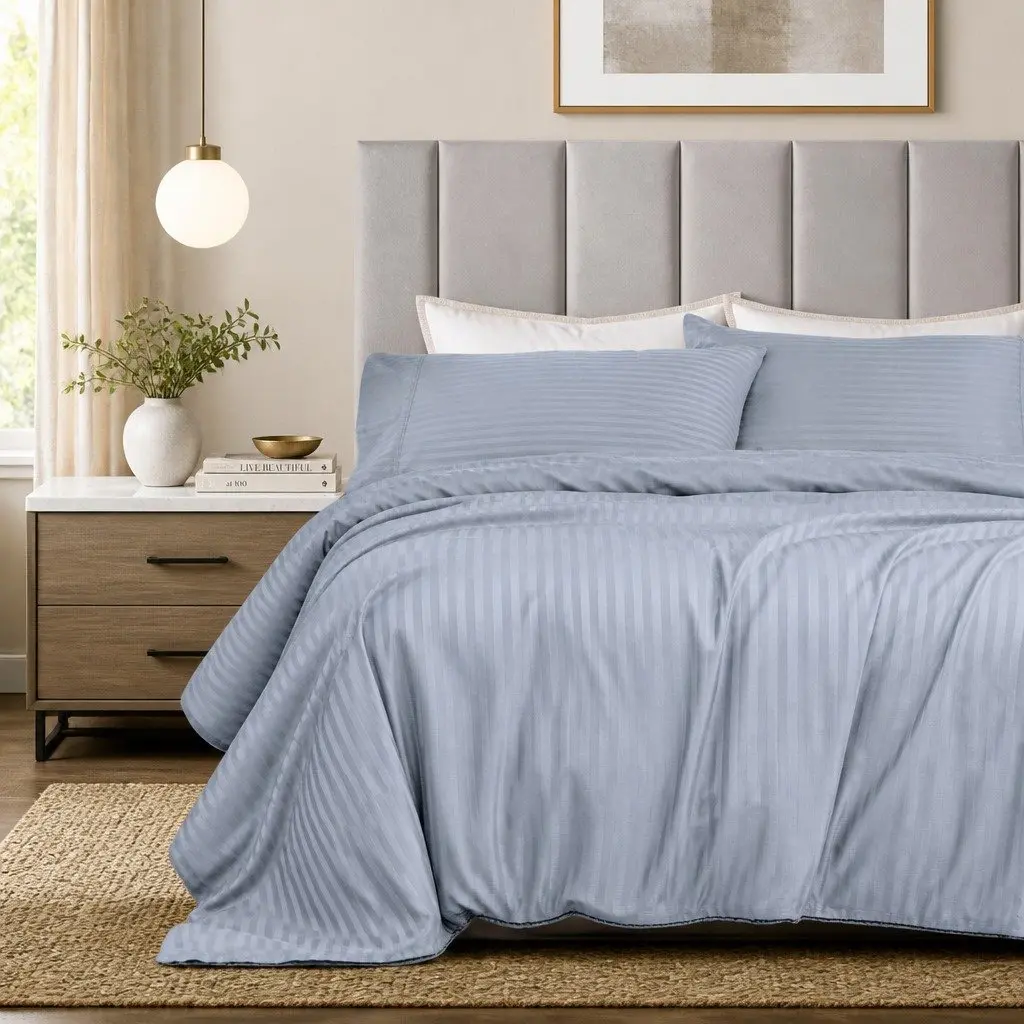 Cotton Blend Sheet Set Damask Stripe King Blue Fog 1200 Thread Count Sateen