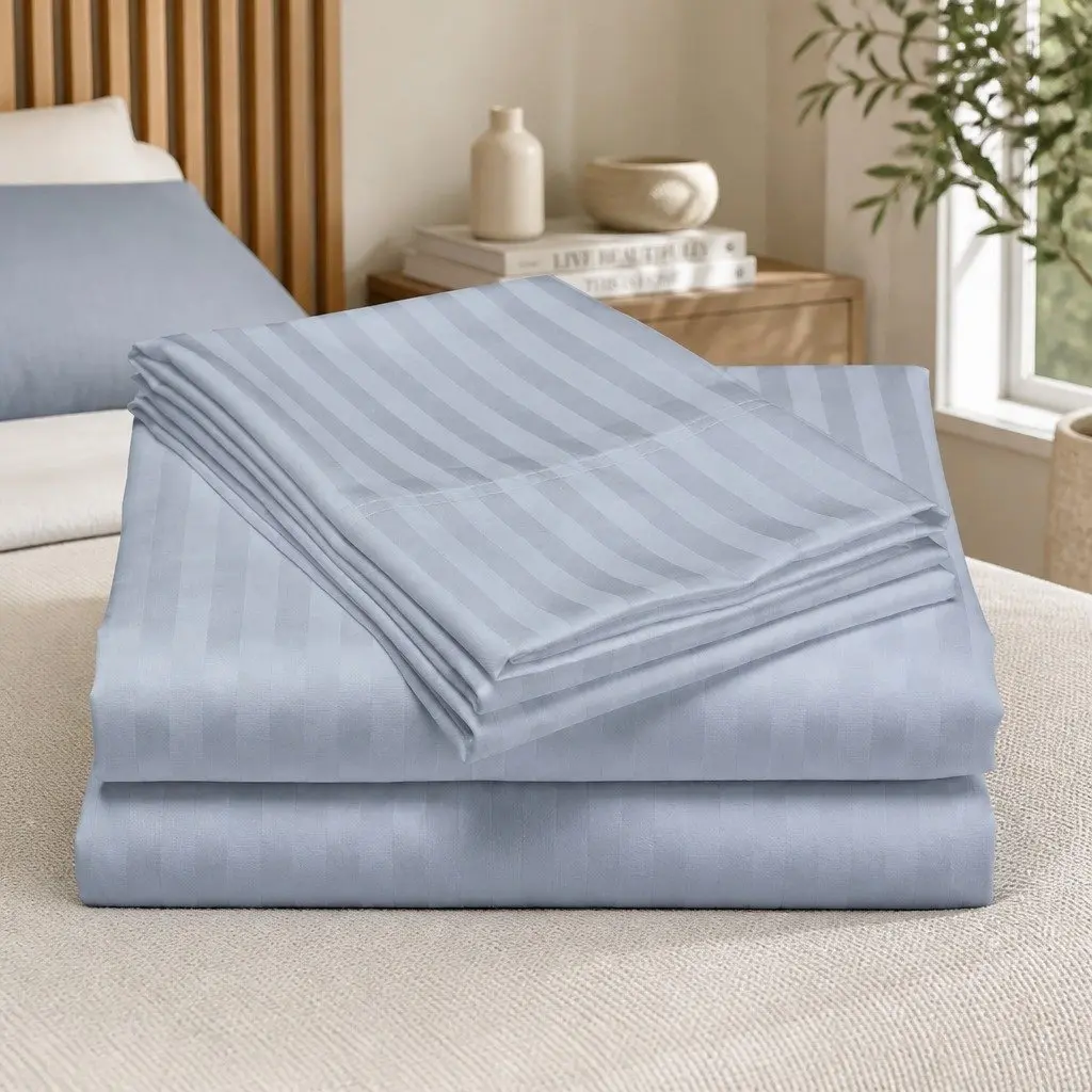 Cotton Blend Sheet Set Damask Stripe King Blue Fog 1200 Thread Count Sateen