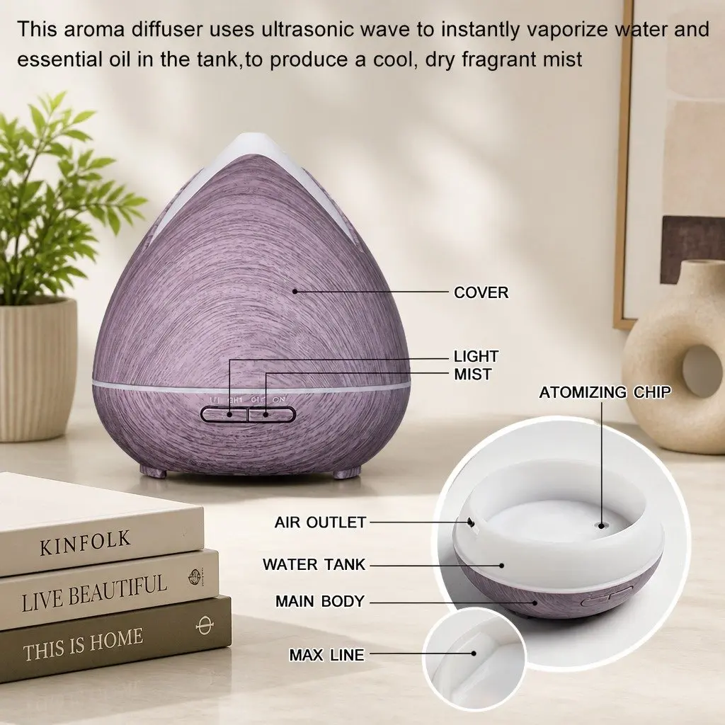 Ultrasonic Diffuser Aromatherapy 400ml Violet Cool Mist with 7 LED Mood Lights