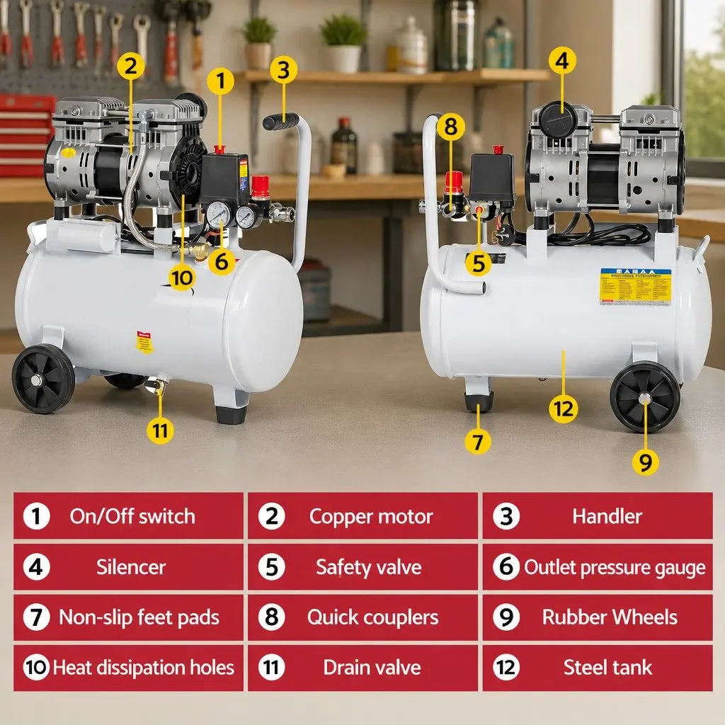 Air Compressor Portable 24L Tank Oil-Free Tyre Inflator Electric Quiet White