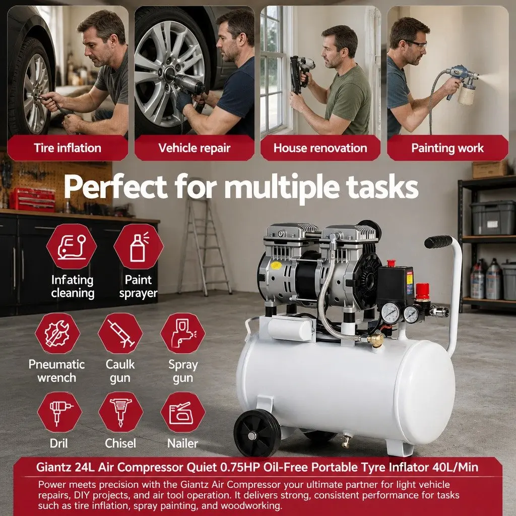 Air Compressor Portable 24L Tank Oil-Free Tyre Inflator Electric Quiet White