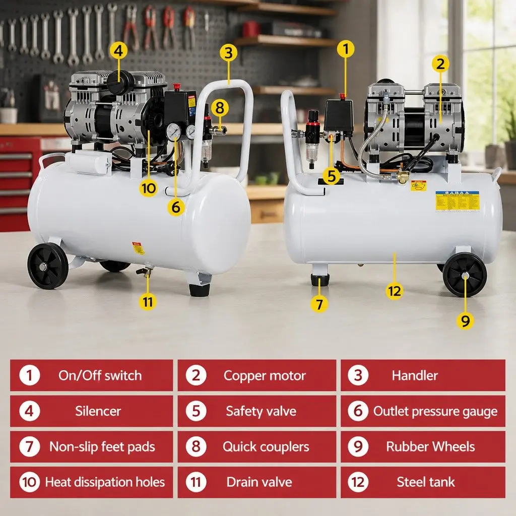 30L Air Compressor Oil-Free Portable Tyre Inflator 40L/Min White