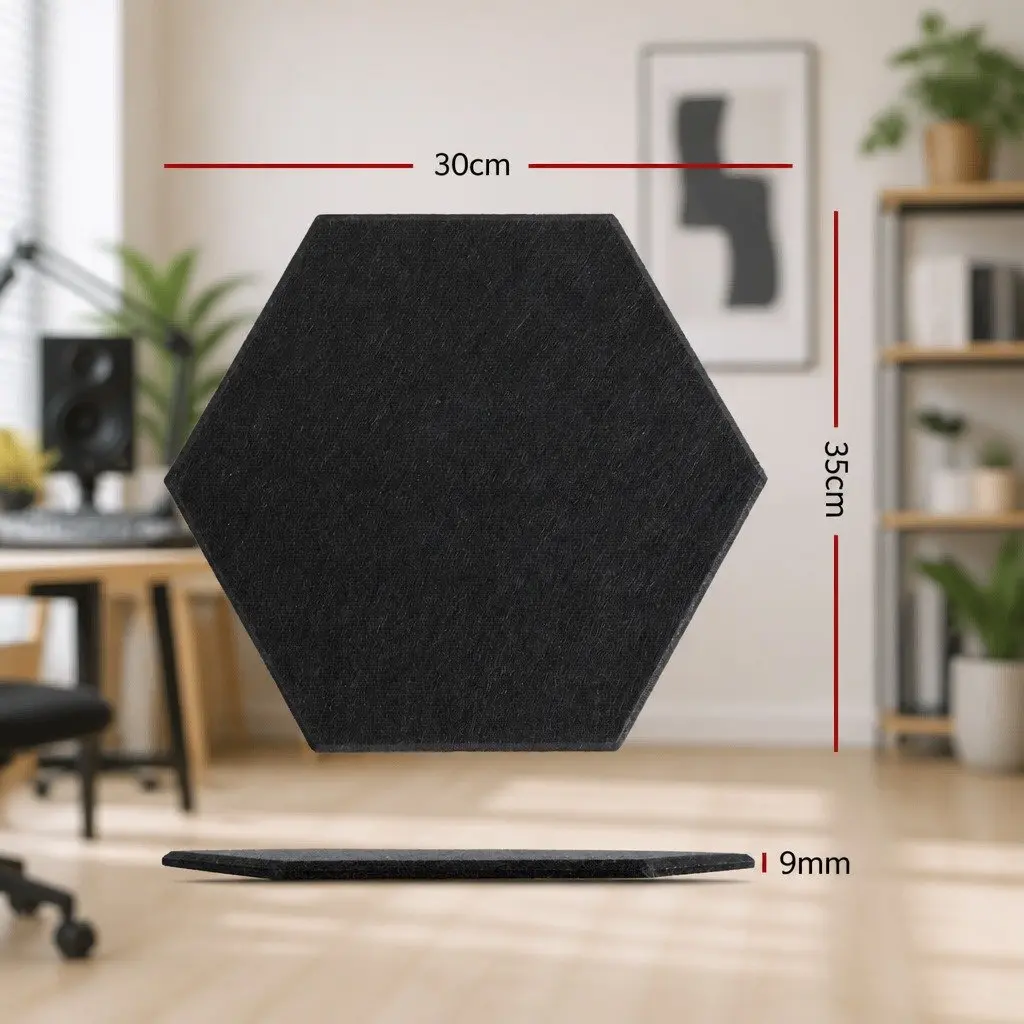 Acoustic Foam Soundproofing Tiles Hexagonal Panel 35cm x 30cm Black 12 Piece