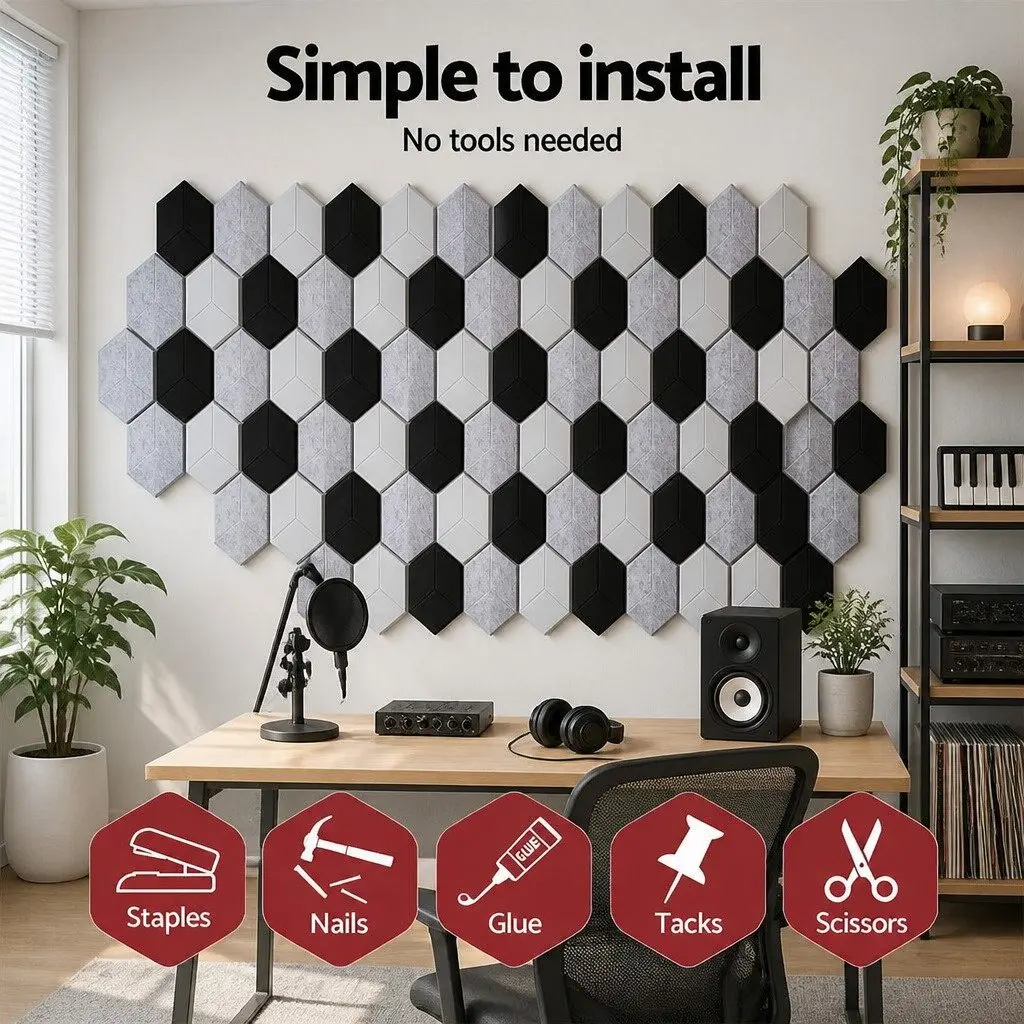 Acoustic Foam Soundproofing Tiles Hexagonal Panel 35cm x 30cm Black 12 Piece