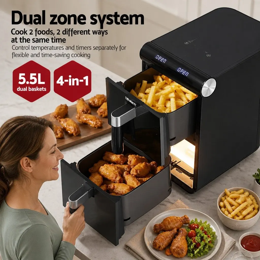 Air Fryer Oven 11L Dual Zone Cooking Black Kitchen Appliance Fryer Two Baskets