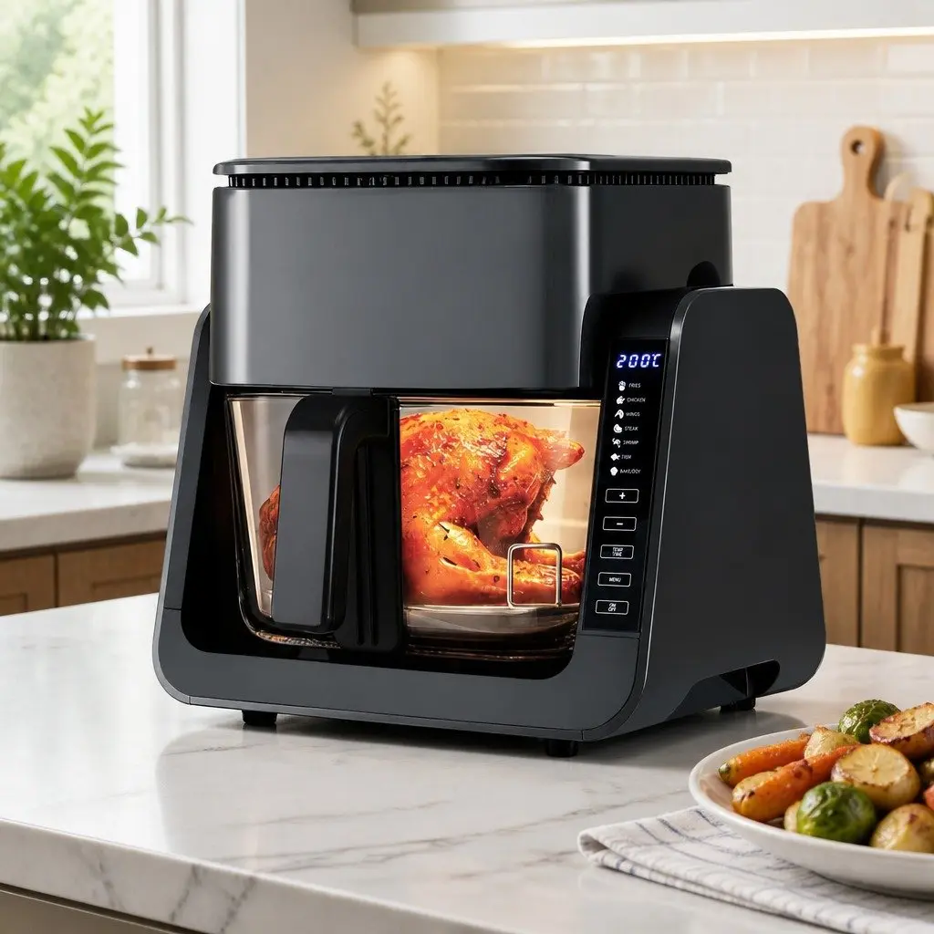 2-in-1 Air Fryer Dual Zone Electric Cooker with BBQ Grill Top and Glass Basket