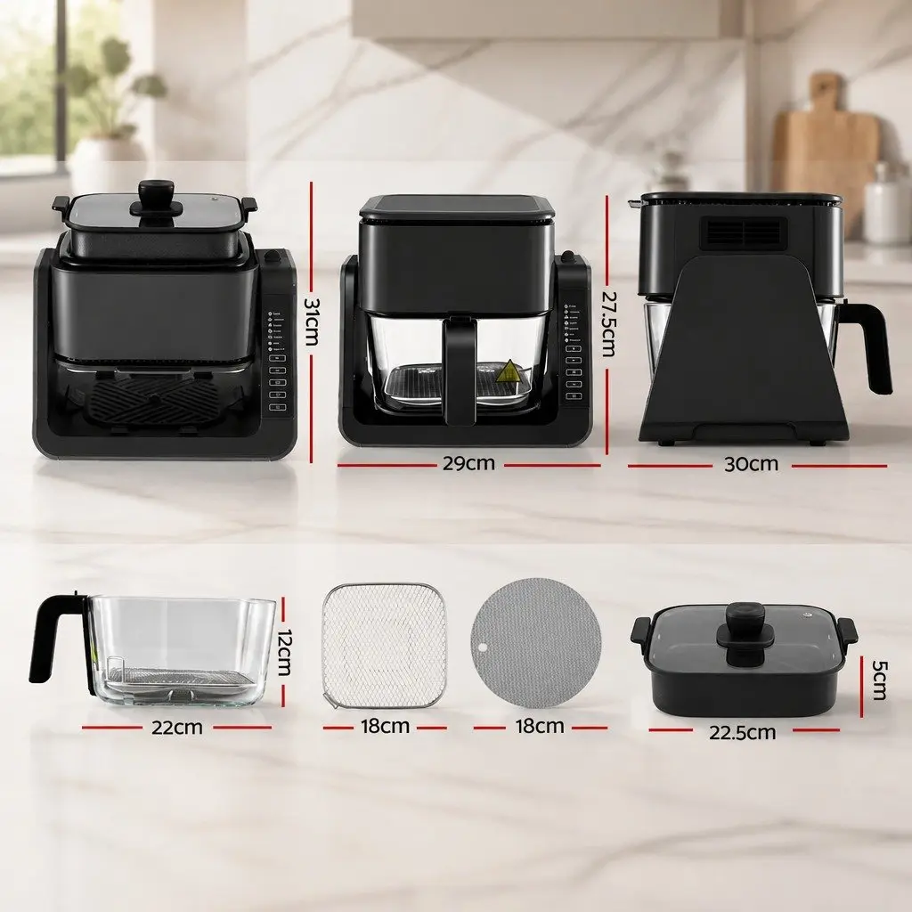 Air Fryer Dual Zone Electric Cooker 4L Black with BBQ Grill Top and Glass Basket