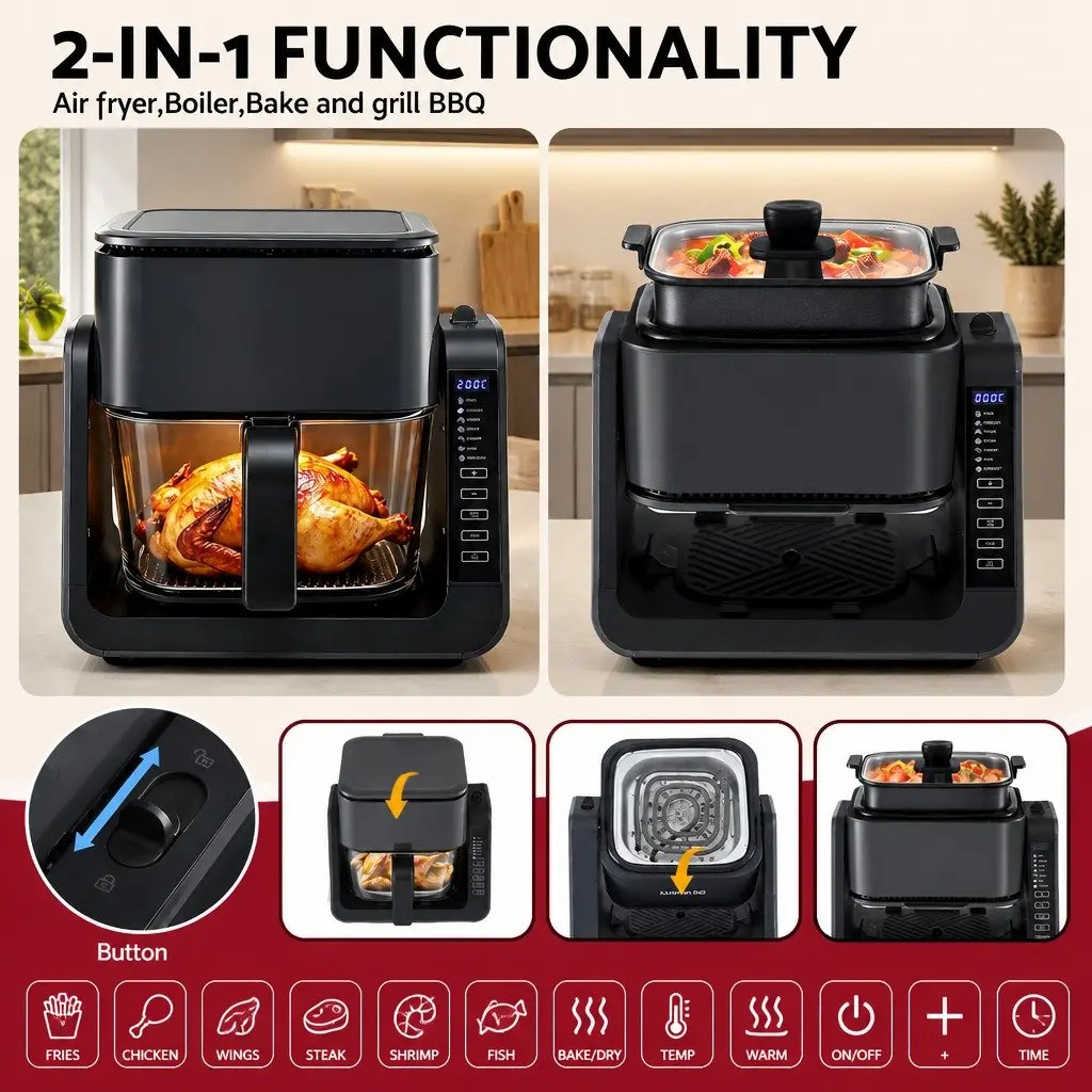 Air Fryer Dual Zone Electric Cooker 4L Black with BBQ Grill Top and Glass Basket
