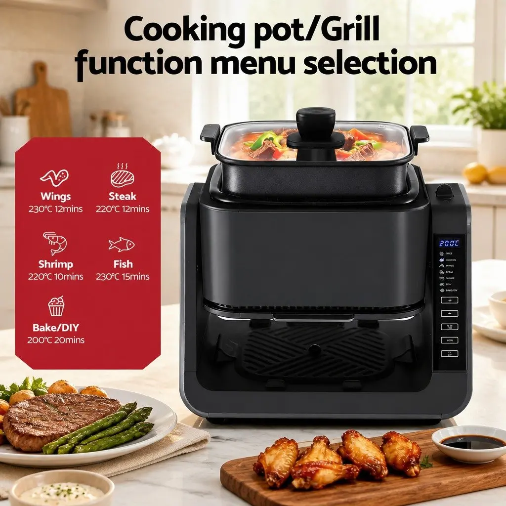 Air Fryer Dual Zone Electric Cooker 4L Black with BBQ Grill Top and Glass Basket