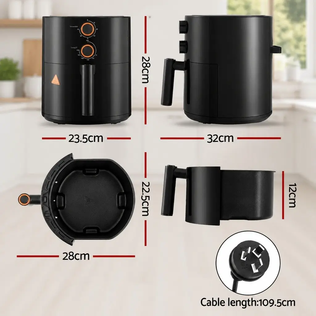 4L Air Fryer Knob Control Black Kitchen Cooking Appliance 1500W Rotary Panel