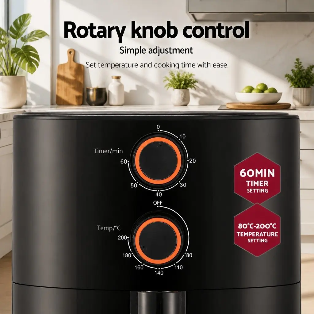 4L Air Fryer Knob Control Black Kitchen Cooking Appliance 1500W Rotary Panel