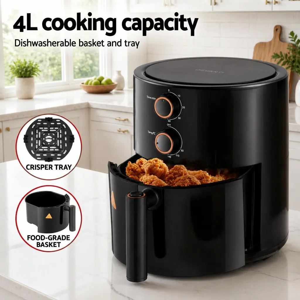 4L Air Fryer Knob Control Black Kitchen Cooking Appliance 1500W Rotary Panel