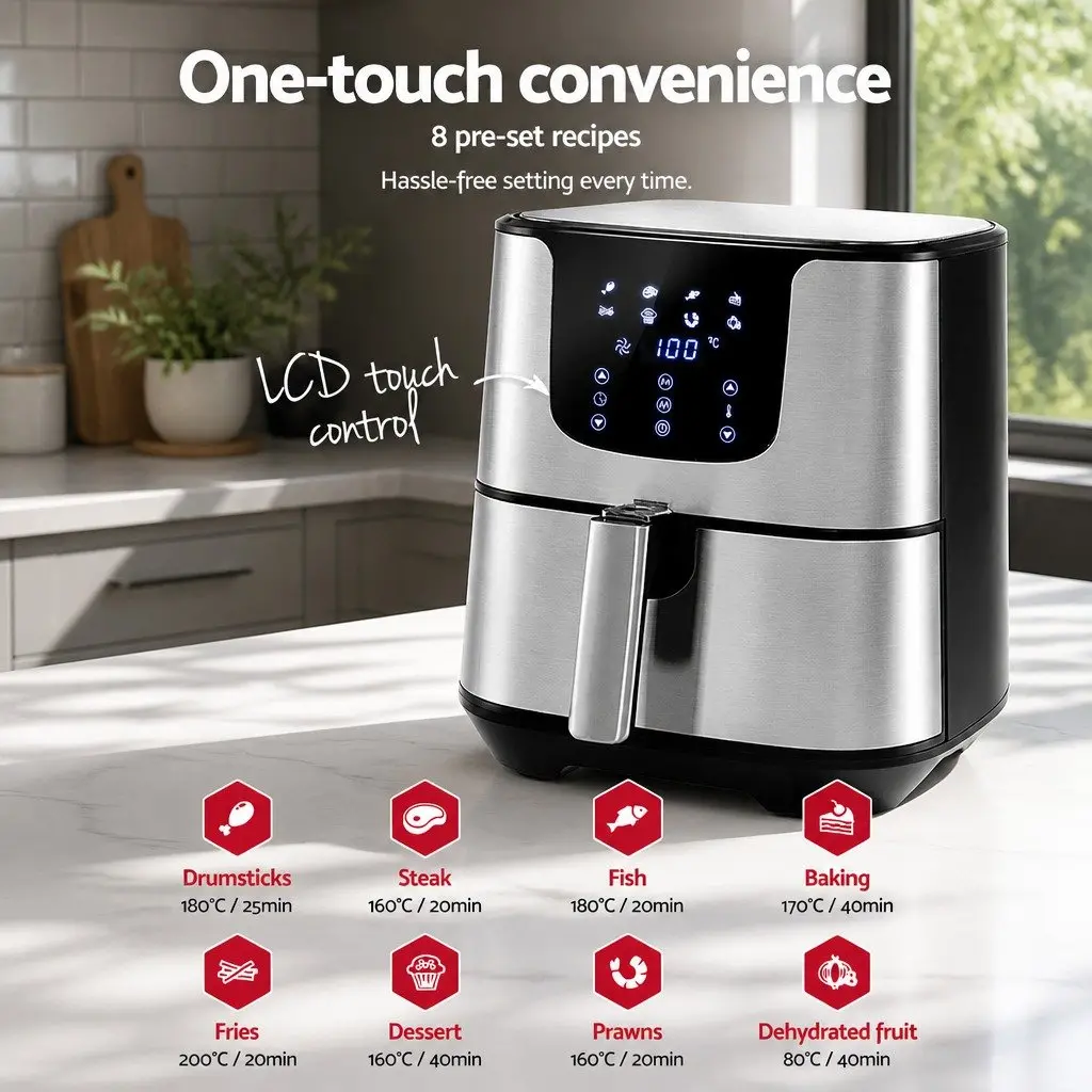 Air Fryer 7L LCD Touch Control Black Stainless Steel Kitchen Cooking Frying