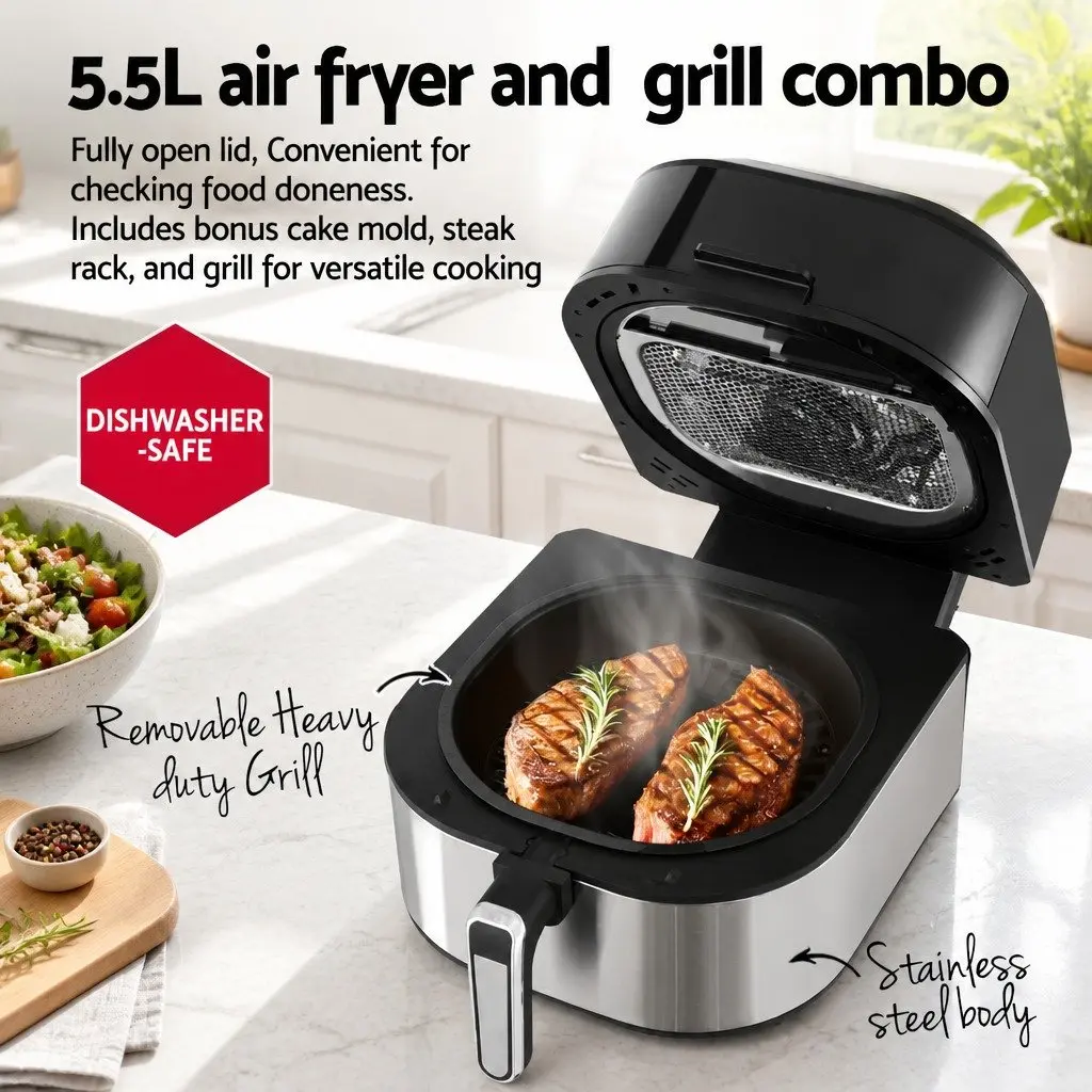 Air Fryer Grill 5.5L Capacity 1500W Touch Control Black