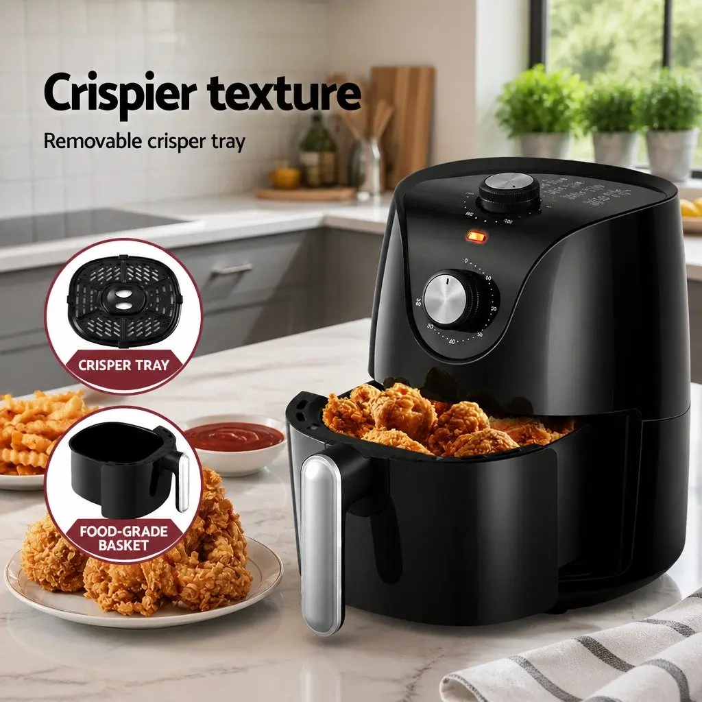 Air Fryer 2.5L Capacity Knob Control Black Kitchen Cooking Appliance Crispy Food