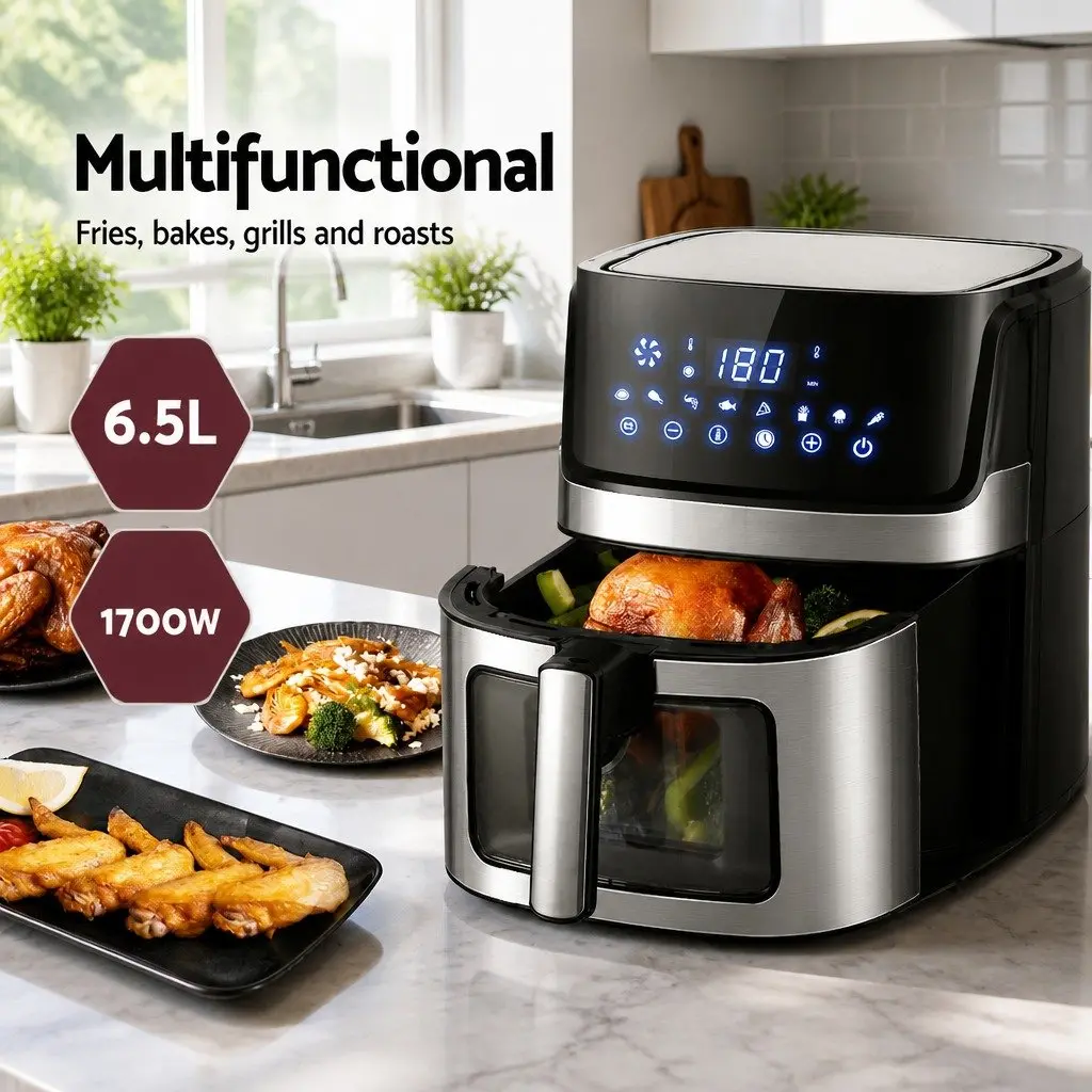 Air Fryer 6.5L LCD Touch Control Black Silver Kitchen Cooking