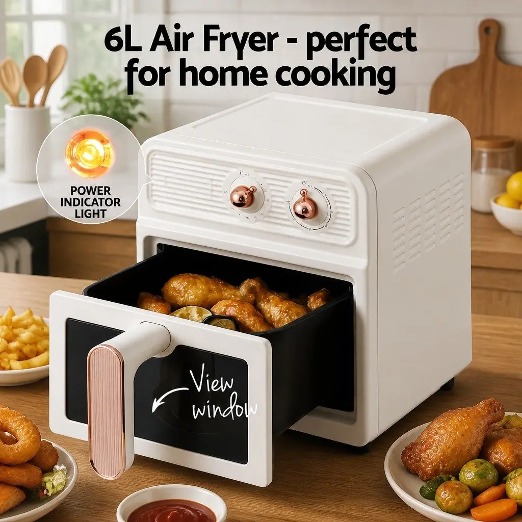 6L Air Fryer Knob Control 1700W Cream Rapid Heat Circulation Hot Air Frying