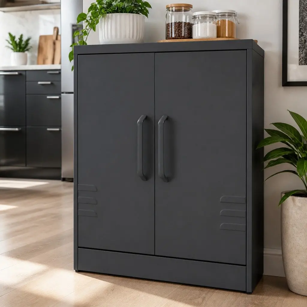 Buffet Sideboard Metal Cabinet Storage Adjustable Shelf 100cm Charcoal