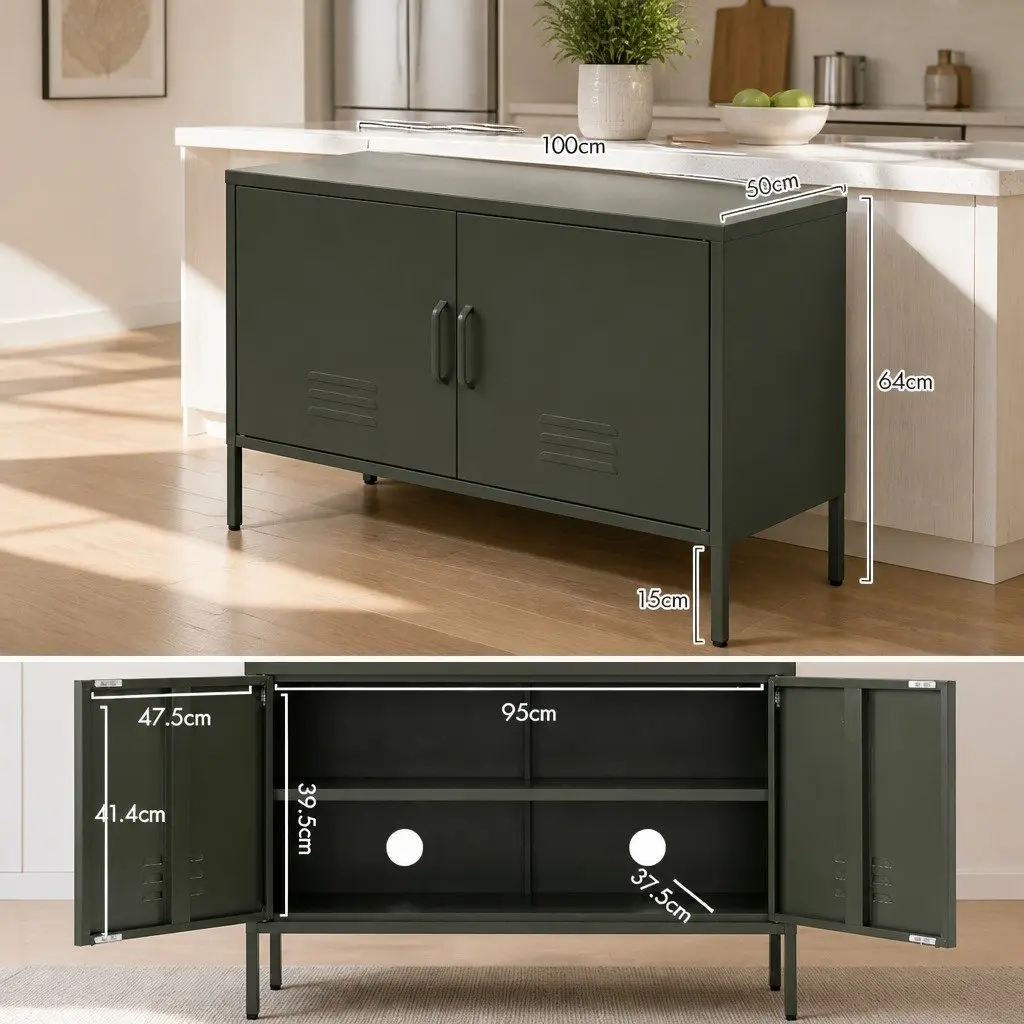 Metal Buffet Sideboard Storage Cabinet Adjustable Shelf Green 100cm x 40cm x 64cm