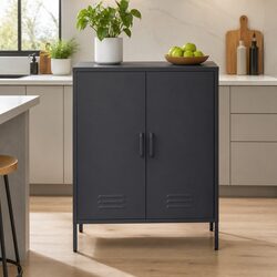 Metal Buffet Sideboard Cabinet Storage Charcoal Black Modern Dining Furniture
