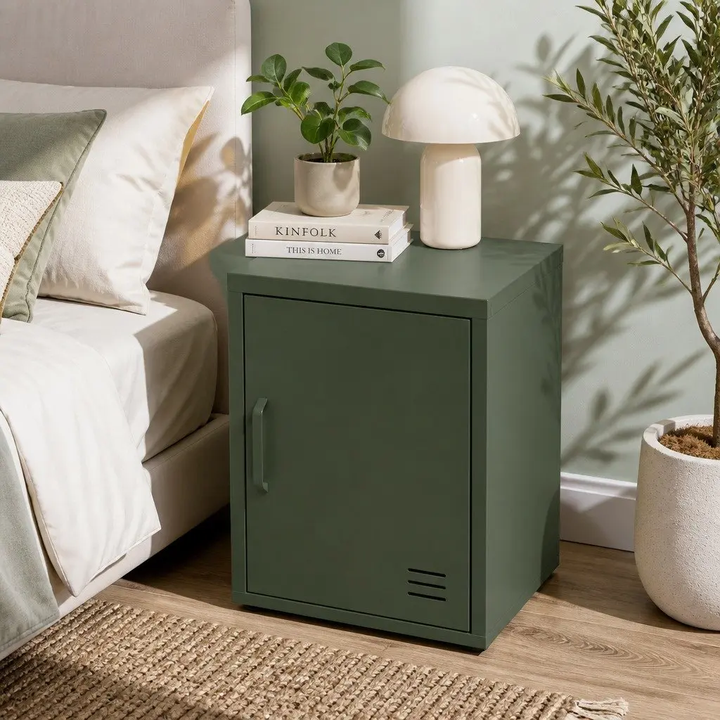Metal Bedside Table Storage Locker Green Compact with Shelf