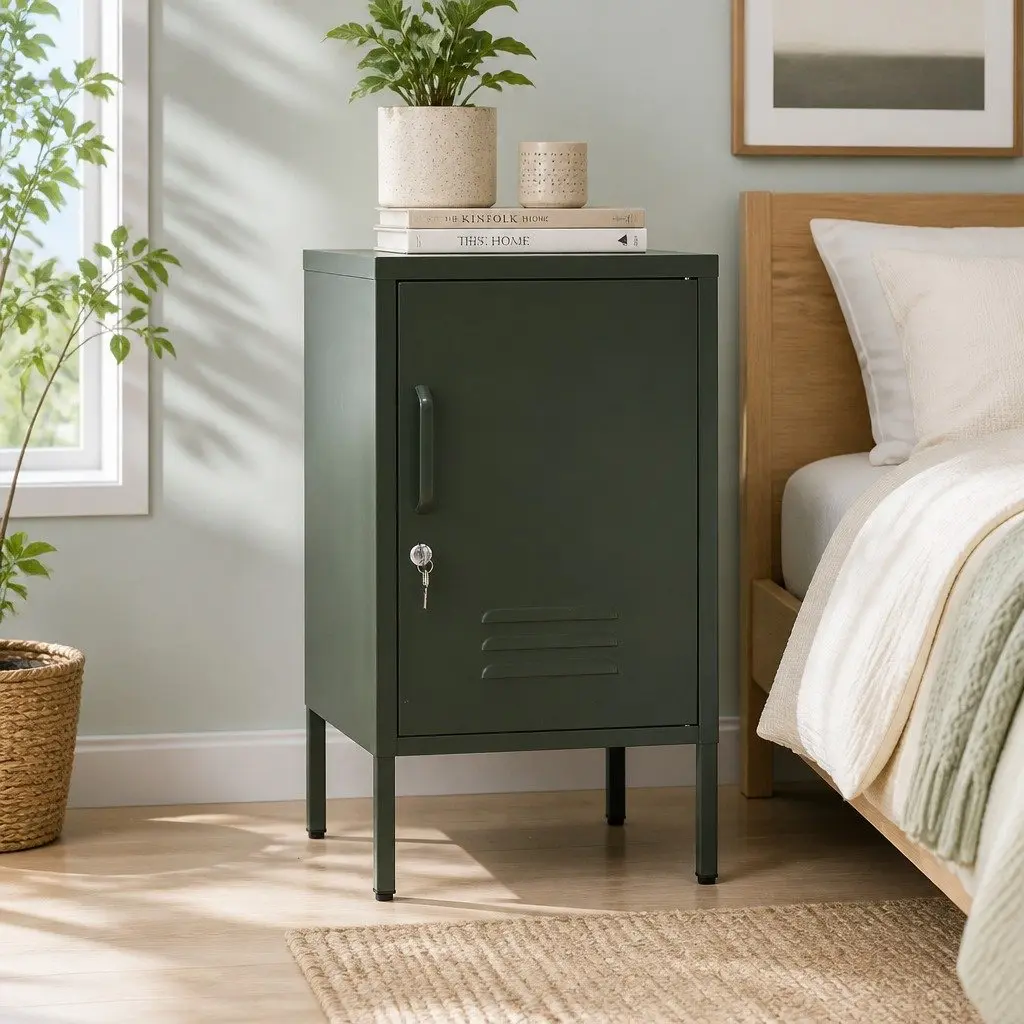 Metal Bedside Table Storage Locker Green Compact with Shelf