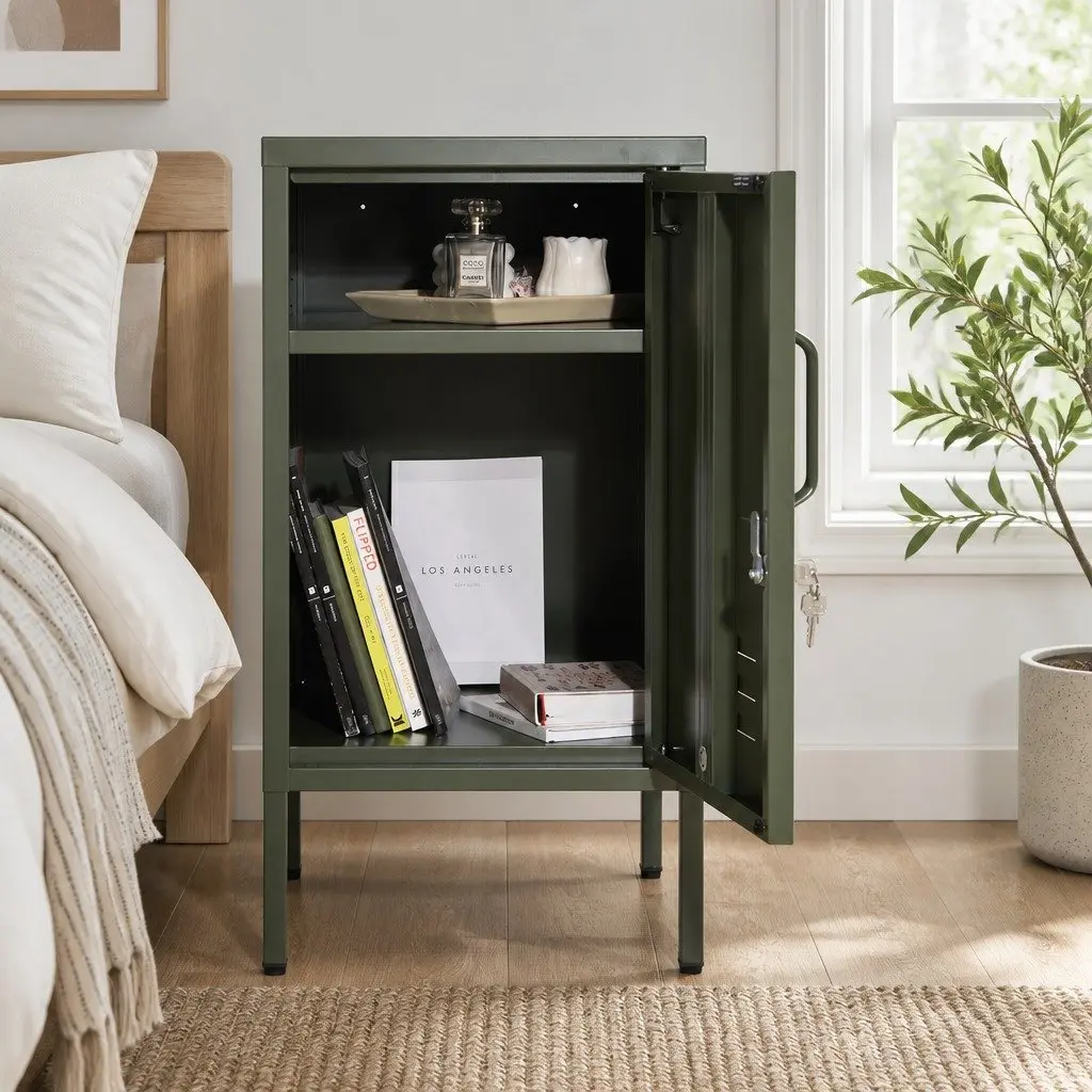 Metal Bedside Table Storage Locker Green Compact with Shelf