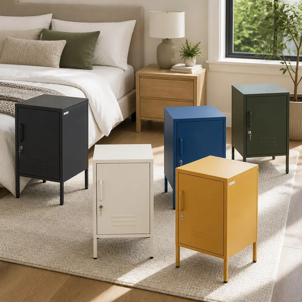 Bedside Table Metal Cabinet with Adjustable Shelf Lock Yellow Storage Locker