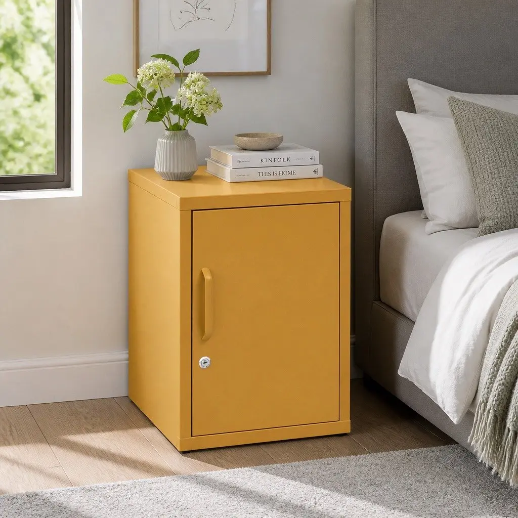 Bedside Table Metal Cabinet with Adjustable Shelf Lock Yellow Storage Locker