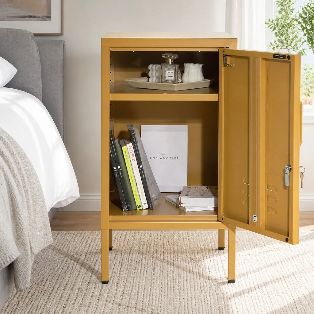 Bedside Table Metal Cabinet with Adjustable Shelf Lock Yellow Storage Locker