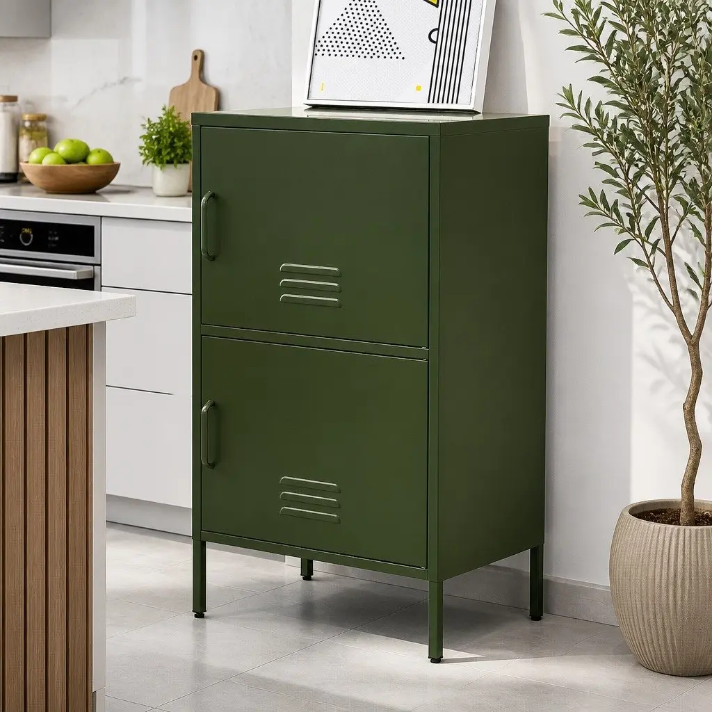 Green Metal Buffet Sideboard Cabinet Storage Dining Room Furniture Double Shelf