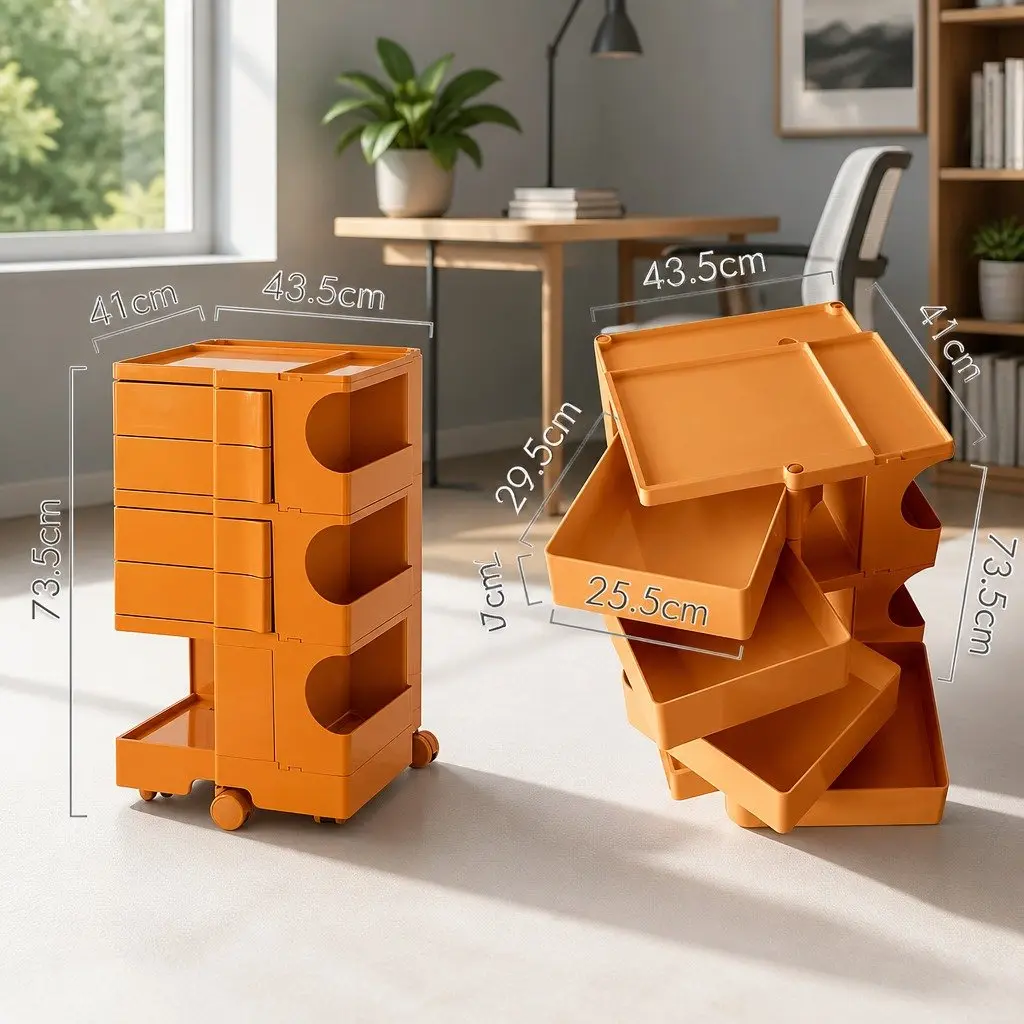 Storage Trolley Bedside Side Table 5 Tier Cart Boby Style Orange Wheels