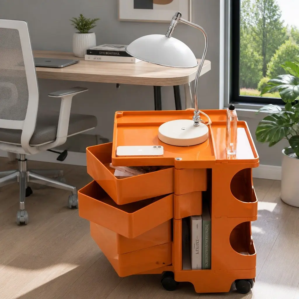 Storage Trolley Bedside Side Table 5 Tier Cart Boby Style Orange Wheels