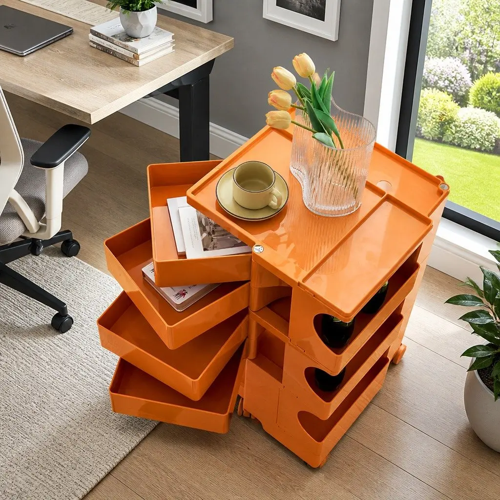 Storage Trolley Bedside Side Table 5 Tier Cart Boby Style Orange Wheels