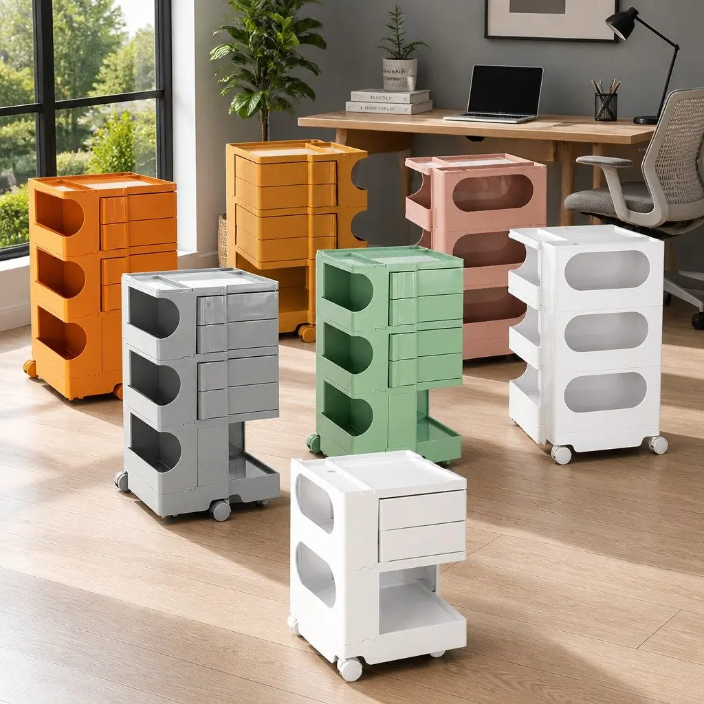 Storage Trolley Bedside Side Table 5 Tier Cart Boby Style Orange Wheels